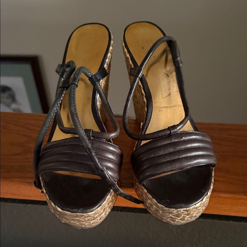 Coach Black Leather Wedge Sandals with Braided Espadrille - Picture 6 of 16